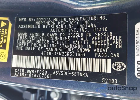 2016 Toyota Camry Le из США, поврежденный, VIN 4T4BF1FK2GR551654